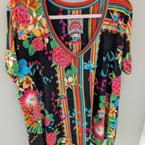 Johnny Was Black Multicolor Floral Stripe V-Neck Short Sleeve Tee